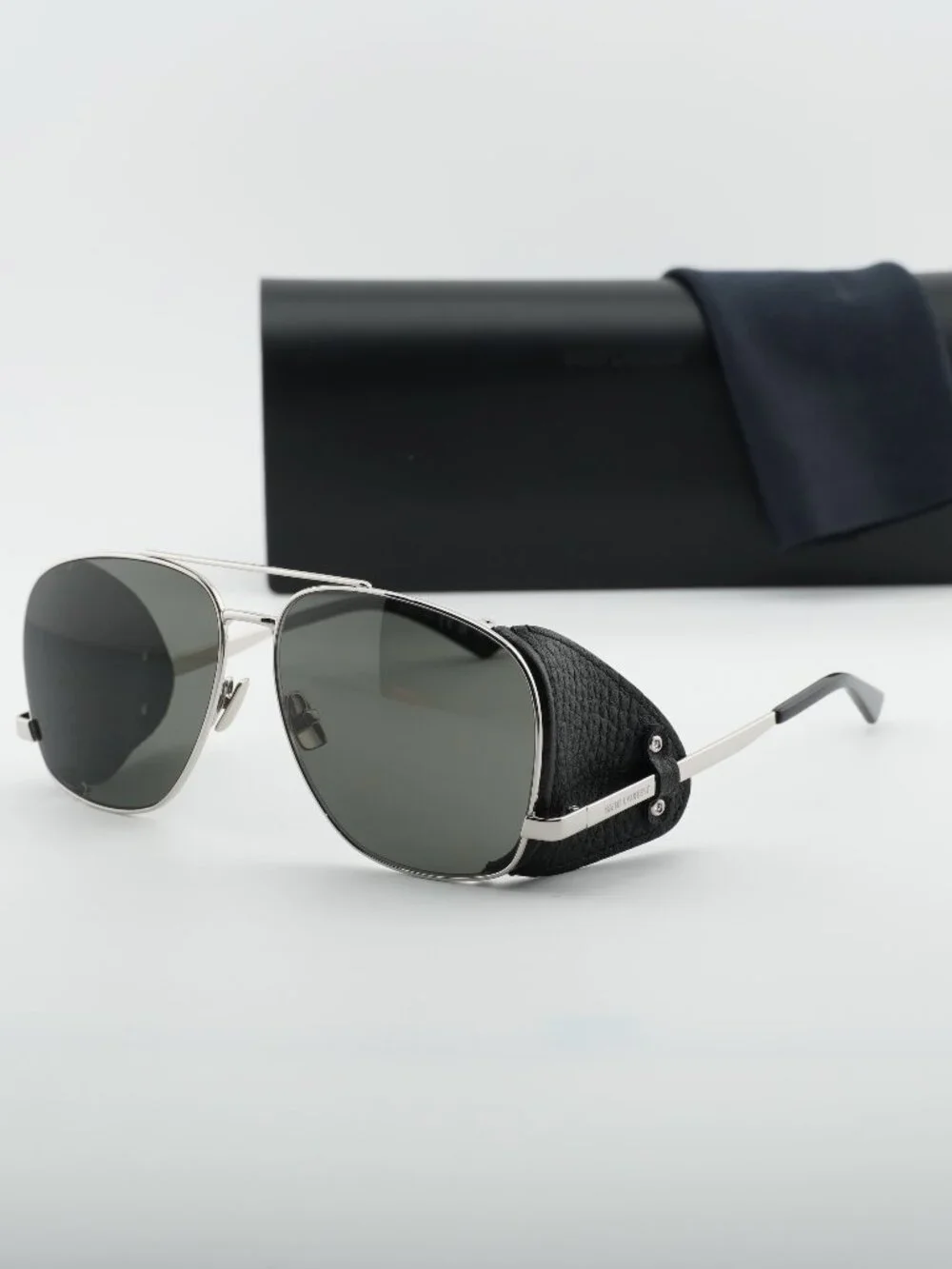 Saint Laurent SL653LEONLEATHERSPOILER001 Aviator Sunglasses - Silver/Black /Grey